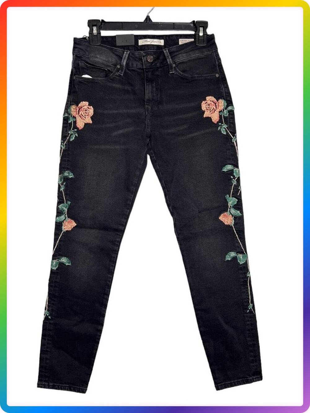 Mavi Adriana Ankle Skinny Jeans SIZE 27 Black Rose Embroidered Mid Rise